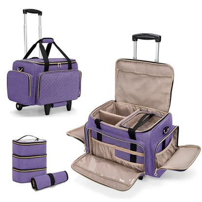 LUXJA Rolling Makeup Case with 3 Removable Pouches and 1 Makeup Brush Bag, Large Makeup Bag Cosmetic Bag with Detachable Dolly (Patented), Purple - color: Purple