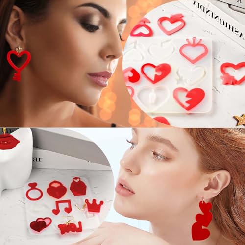 4 Pack Resin Earring Molds with Holes, Resin Jewelry Molds Variety Heart Lips Crown Keys Lock Waterdrop Musical Notes Love, Shape Silicone Earring Pendant Bracelet Charm Mold - color: 4 PCS Love Heart Resin Earring Molds