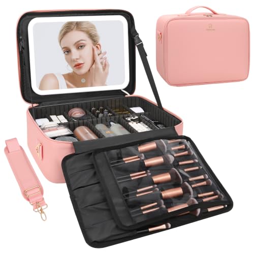 Chomeiu Makeup Bag with LED Mirror, Large Train Case for Makeup Artists, 16.2 inches Travel Professional Cosmetic Organizer with Light Up Mirror, 3 Color Lights, Brush Holder & Shoulder Strap (Pink) - color: 01-Pink, size: Large