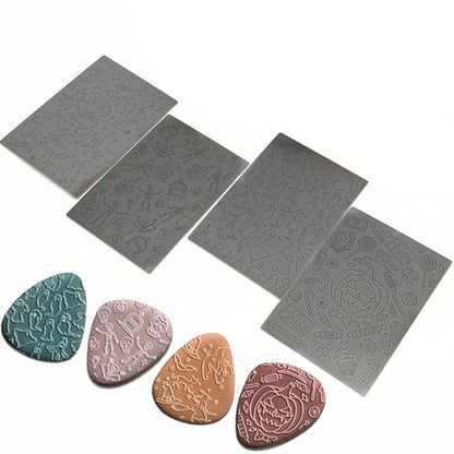 Halloween Polymer Clay Texture Sheets for Earrings Jewerly Making,Ghost Skull Texture Mat for Polymer Clay Projects Polymer Clay Earrings Tools，4pcs/Pack