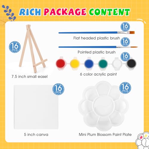 ESRICH 16 Set Mini Acrylic Paint Kit, 5in Mini Stretched Canvas with 7.5in Easel, Acrylic Paint Strips, Paint Palettes, Painting Brushes, Small Canvas and Easel Set for Kids Artists Beginner, Gift - size: 16 set 5 x 5 inches