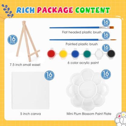 ESRICH 16 Set Mini Acrylic Paint Kit, 5in Mini Stretched Canvas with 7.5in Easel, Acrylic Paint Strips, Paint Palettes, Painting Brushes, Small Canvas and Easel Set for Kids Artists Beginner, Gift - size: 16 set 5 x 5 inches