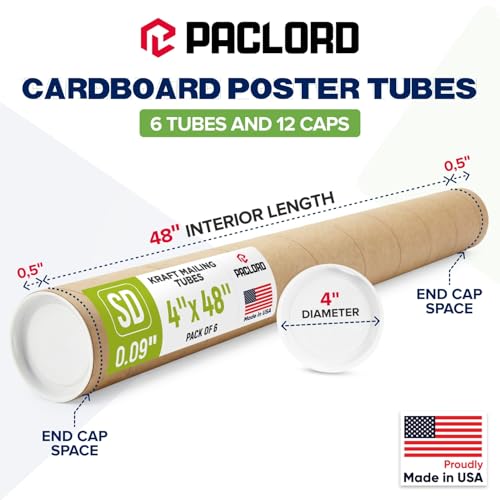 4" x 48" Reinforced Kraft Paper Mailing Tube, Pack of 6 Tubes with 12 Caps – Secure USPS Approved Poster Tube – Made in USA Cardboard Tube for Shipping and Storing Posters, Prints, Artwork - size: 4" x 48", style: Standard Duty