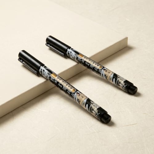 Benepisyo Black Calligraphy Brush Pens for Beginners, 2 Pack 민화 붓펜 | Flexible brush tip, rich black ink, traditional Asian design, beginner friendly, smooth flow, hand lettering tools
