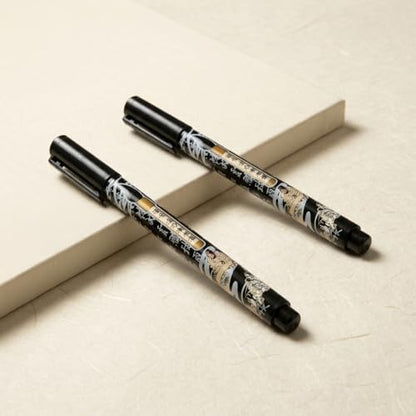 Benepisyo Black Calligraphy Brush Pens for Beginners, 2 Pack 민화 붓펜 | Flexible brush tip, rich black ink, traditional Asian design, beginner friendly, smooth flow, hand lettering tools