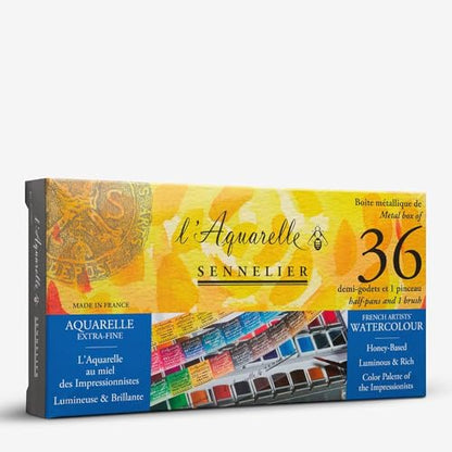 SENNELIER Aquarelle 36-Half-Pan Watercolor Set, Classic Metal Tin Palette with Built-In Mixing Areas – Professional French Watercolor Paints for Artists & Plein Air