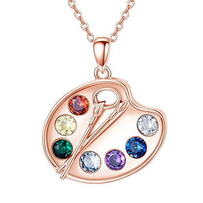 Artist Paint Palette and Brush Necklace - 925 Sterling Silver Pigment Pendant, Colorful Painters Charm, Future Artist Jewelry Gifts for Women - style: Palette Necklace-rose gold