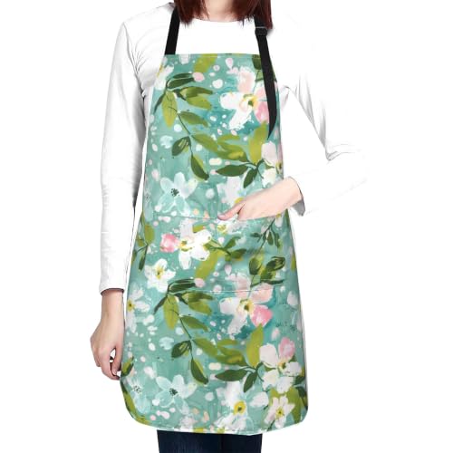 Fresh Meadow Floral Waterproof Apron with Pockets | Housework Aprons for Men Women Adjustable Bib Apron for Cooking Kitchen Baking BBQ Painting Garden Oil Resistant - color: Vibrant Painterly Art
