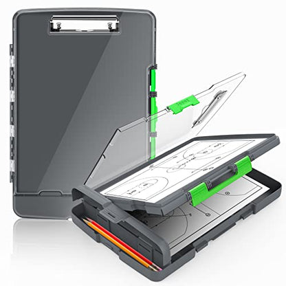 Sooez Original Clipboard with 2 Storage & Pen Holder, Heavy Duty Clip Boards 8.5x11 with Dual Storage, Clearview Dry Erase Coach Clipboard with Real Hinge, High Capacity, School & Office Supplies - color: Gray + Green