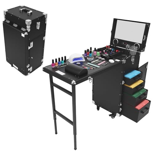 Professional Rolling Travel Nail Desk, Foldable Nail Table Travel Cosmetic Trolley Storage Organizer with 4 Drawers Mirror & Speaker Black Manicure Table Artist Travel Organizer - color: Black 4 Drawers