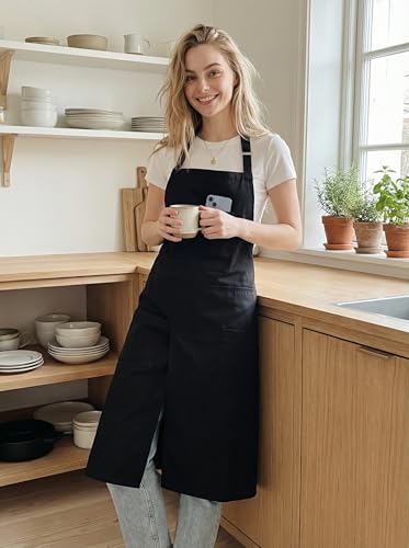 Molaxhome Split Apron with 3 Pockets,Unisex Pottery Apron with Adjustable Strap for Kitchen Ceramics - color: Black