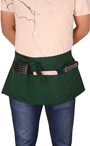 Resist water 3 big Pockets Waist Server Apron Kitchen Restaurant Unisex Half Aprons - color: Dark Green