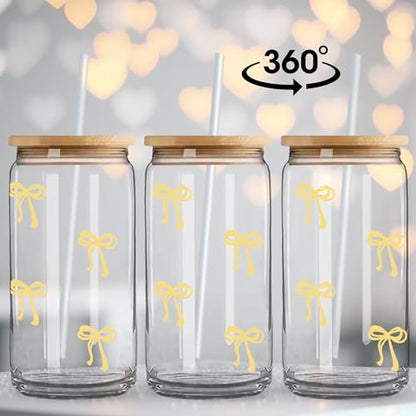 Coquette Cute Pastel Yellow Bow Summer Glass Cups with Lids and Straws, Aesthetic Iced Coffee Cup Girly Preppy Tumbler Mug, Christmas Valentines Birthday Gifts for Women, Teen Girl Gifts Trendy Stuff - color: 05-Bow-Pastel Yellow