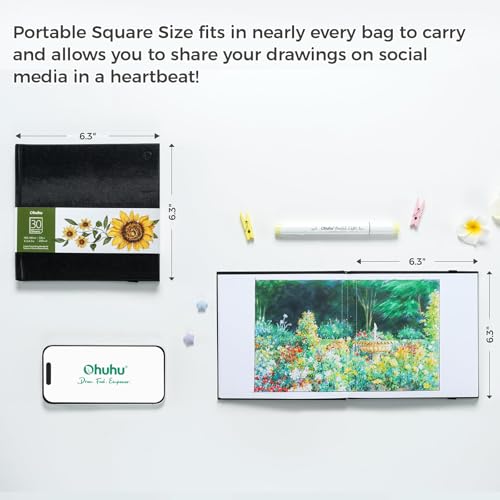 Ohuhu Marker Pads Art Sketchbook, 6.3"x6.3" Mini Square Size, 120 LB/200 GSM Heavy Smooth Drawing Papers, 30 Sheets/60 Pages, Hardcover Sketch Book, for Alcohol Marker Christmas Gift - size: 6.3" x 6.3"