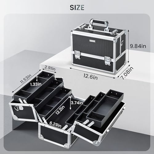 FRENESSA Makeup Train Case Makeup Case 12.6 Inch Large Cosmetic Box Organizer Travel Storage Professional Make Up Train Carrying Case with 6 Trays Locking Shoulder Strap Hard Vanity Storage Black - color: Black