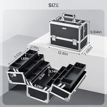 FRENESSA Makeup Train Case Makeup Case 12.6 Inch Large Cosmetic Box Organizer Travel Storage Professional Make Up Train Carrying Case with 6 Trays Locking Shoulder Strap Hard Vanity Storage Black - color: Black