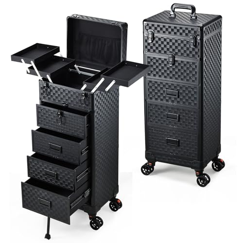 Stagiant Rolling Makeup Case with Drawers Cosmetology Case on Wheels 5 IN 1 Makeup Case 4 Drawers with Foot Stand Spring-release Mechanism Rolling Make Up Organizer for Artist Salon Nail Teach Trunk - color: 4 Drawers Black Checkerboard