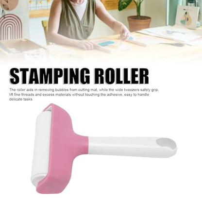 FAUOSWUK Rubber Roller Tool, Silicone Roller and Tweezers Kit, Boat Flooring Install Printmaking Painting Stamping Wallpaper Gluing for Bubble Removal, Gripping and Lifting Threads (Pink) - color: Pink