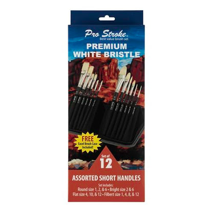 Creative Mark Pro Stroke Premium White Chungking Hog Bristle Artist Paint Brush - Short Handle Set of 12 with Easel Case - Natural Bristle Brush w/Soft Touch Handle for Oils and Acrylics