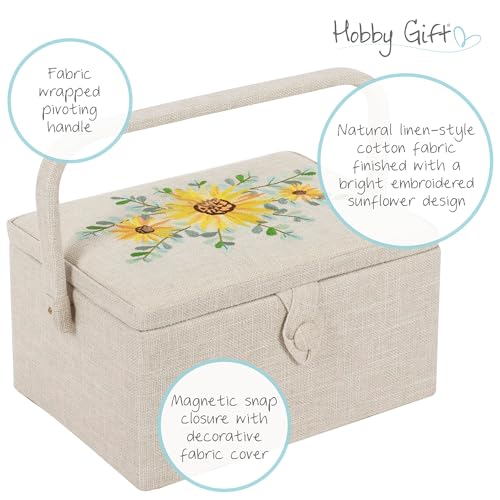 Hobby Gift Medium Sewing Box Organiser, Fabric Covered Storage Box with Handle, Internal Tray, Pin Cushion and Pocket for Sewing, Quilting and Knitting Supplies - color: Embroidered Eucalyptus