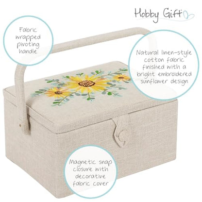 Hobby Gift Medium Sewing Box Organiser, Fabric Covered Storage Box with Handle, Internal Tray, Pin Cushion and Pocket for Sewing, Quilting and Knitting Supplies - color: Embroidered Eucalyptus