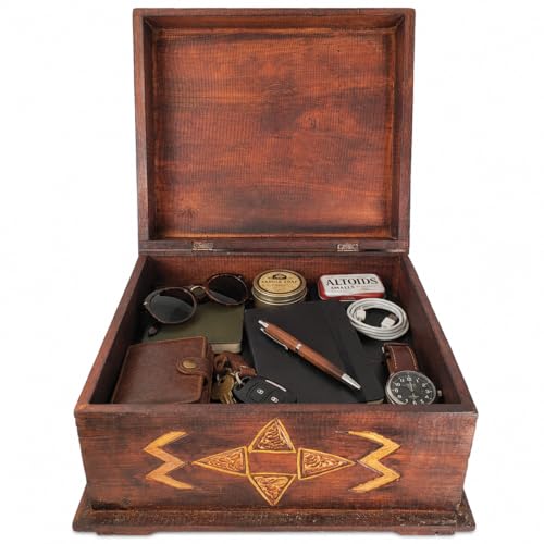 Hand-Carved Wooden Keepsake Box Collection – Decorative Rustic Storage Box, Jewelry Box, Trinket Organizer, Handmade Artisan Wood Home Décor (Box Lg & Med & Sm (Set of 3)) - size: Box Lg & Med & Sm (Set of 3)