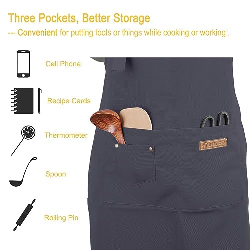 Kitchen Cooking Apron for Women Men with Big Pockets Canvas Waterproof Aprons for Server Pottery Artist Chef Apron - color: Grey