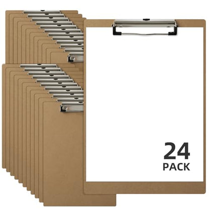 HappyHapi 24 Pack Clipboard 8.5 x 11 Letter Size Clip Boards Bulk, A4 Wooden Hardboard Office Clipboards Pack for Classroom, Work-Meetings, Brown
