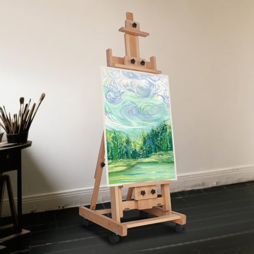 Wooden H-Frame Easel, 56" to 91" H Studio Easel with Large Storage Tray Adjustable Sturdy Beech Wood Desktop Art Easel, Portable Painting & Display Table with Large Storage Tray and Wheel,18.9*20.87in