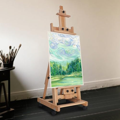 Wooden H-Frame Easel, 56" to 91" H Studio Easel with Large Storage Tray Adjustable Sturdy Beech Wood Desktop Art Easel, Portable Painting & Display Table with Large Storage Tray and Wheel,18.9*20.87in