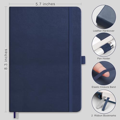 RETTACY Dotted Journal Notebook, 192 Pages, A5 Medium Size (5.7'' x 8.3''), Leather Hardcover, 100 GSM Thick Paper, for Journaling, Planning, Tracking (Navy Blue) - color: Navy Blue, style: Dotted