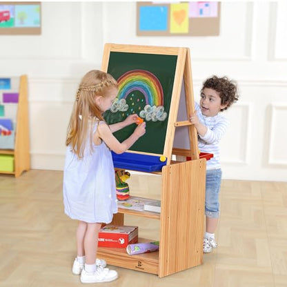 Dual-Sided Magnetic Art Easel, Wooden Activity Station w/ 2-Tier Storage Cabinet, Art Center for Toddlers, Classroom Whiteboard & Chalkboard