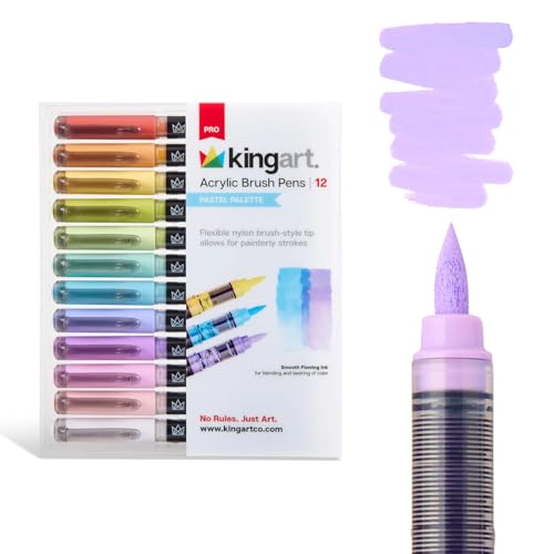 KINGART Acrylic Paint Markers Brush Tip, 12 Pastel Colors. Water-based, no-bleed, waterproof pens with automatic ink control for rock, egg, wood, fabric, glass & DIY crafts - color: Pastel