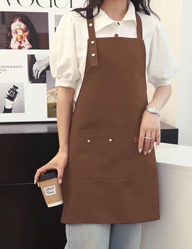 Kitchen Cooking Apron for Women Men with Big Pockets Canvas Waterproof Aprons for Server Pottery Artist Chef Apron - color: Brown