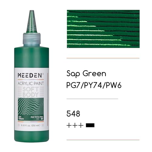 MEEDEN Soft Body Acrylic Paint: Sap Green Matte Finish - 250ml/8.45oz Bulk Acrylic Colors in Ergonomic Bottle - Fluid Flow Art Paints for Artists Canvas Painting - color: Sap Green