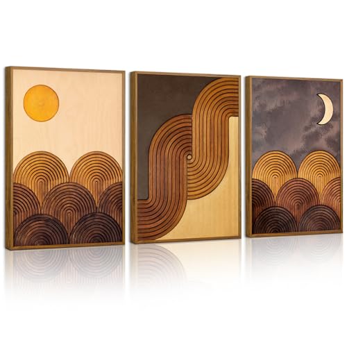 Tinonedraw Mid Century Modern Framed Canvas Wall Art Set, Boho Minimalist Geometric Arch Wall Decor, Bohemian Sun and Moon Art Paintings, Beige Brown Wooden Artwork for Living Room Bedroom 16"x24"x3 - color: Sun and Moon, size: 24L" x 16W"