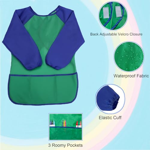 2 Pack Kids Art Smock Waterproof with Long Sleeve and 3 Roomy Pockets Artist Children Aprons for Toddlers Age 3-8 Painting Crafts（Green+ Red） - color: 2 Pack Green+ Red