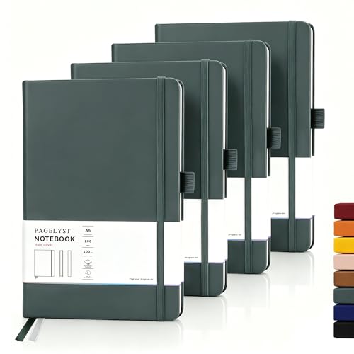 PAGELYST Dotted Journal Notebook, 200 Pages,4 Pack Leather Bullet Journal for Women Men, A5 Medium 5.7'' x 8.3'', 100 GSM Thick Paper for Journaling, Planning, Tracking (Dark Green) - color: Dark Green, size: A5-Dotted