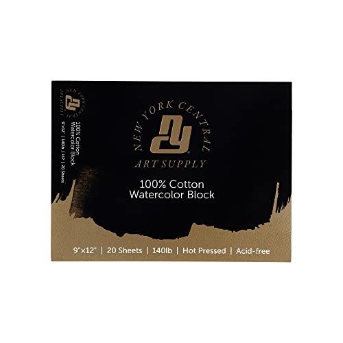 New York Central Watercolor Paper Block - 9x12" - 20 Sheets, 140 lb. Hot Press - 100% Cotton, Acid-Free, Archival Quality, Bright White Watercolor Paper Pad for Wet & Dry Media - size: 9x12"