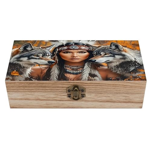 Native American Woman with Wolves Wooden Storage Box 7.9×3.9×2.3 Inch with Hinged Lid - Vintage Natural Wood Keepsake Trinket Storage Organizer Gift Box for Crafts Art Hobbies And Home Decoration Gift - color: Native American Woman with Wolves