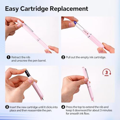 WRITECH Left Handed Fountain Pen: Fine Nib Retractable Style Black Ink Set Includes 5 Ink Cartridges Smooth Writing for Calligraphy Journaling Office Gift - color: Pink