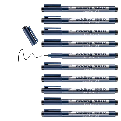 edding 1880 profipen - black - 10 pens - line width 0.5 mm - fineliner pen for precise writing, sketching and technical drawing - fine, metal-encased nib - suitable for use with rulers and stencils - color: 06: 10 Pens - 0.5mm - Black