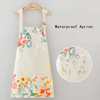 Floral Aprons with Pocket Blooming Women Waterproof Apron Adjustable Neck Long Ties Women Men Cook Baking Garden - color: Butterfly Beige