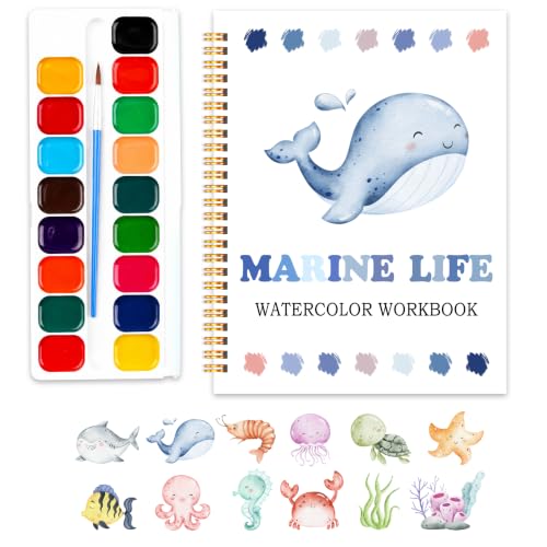 Easy Marine Life Watercolor Workbook for Beginners, Water Coloring Book, 18 Colors Watercolors Paint Set, 12 Patterns Ocean Dreams Watercolor Kit, Fun Family Art Activity, Gift for Adults Teen - color: marine life