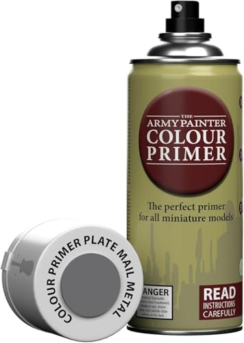 The Army Painter Colour Primer Plate Mail Metal, 400 mL Acrylic Spray Primer, Spray Paint Basecoat for Miniature Priming, Tabletop Roleplaying, Boardgames, and Wargames Miniature Modelling - color: Plate Mail