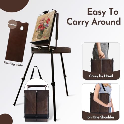 CONDA 70” Art Set with French Easel of Aluminum Legs, Folding Sketch Painting Easel with Drawer, Tripod Easel Stand for Painting, Sketching, Display - color: Upgraded Version-Brown
