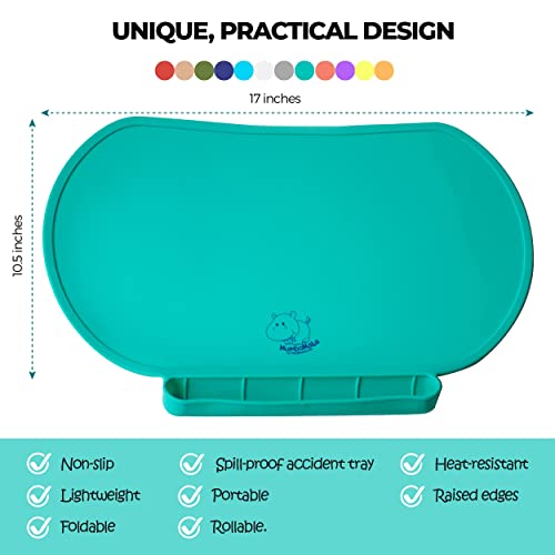 Silicone Children's Place Mat - Baby Mumbo | Food-Grade Quality with Unique Raised Edges for Spill Prevention | Lightweight, Portable, and Spill-Proof Tray (Bashful Blue) - color: Bashful Blue
