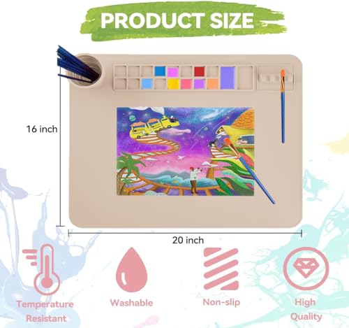 Silicone Painting Mat, 20"x 16" Silicone Art Mat with Cup, Kids Painting mat for Resin, DIY, Drawing Resin, Paint, Clay， Large Craft Art Mat (Beige) - color: Beige
