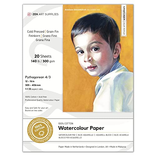 Watercolor Paper Block 12x16 in – ZenART 100% Cotton Watercolor Paper, Cold Pressed 140 lb / 300 GSM, Acid-Free, 20 Sheets, Thick Absorbent, Artist Grade for Water Color, Gouache and Other Wet Media - size: 12"x16" Pythagorean 4/3