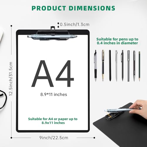 FRETONBA Black Clipboard with Pen Holder, Set of 6 Plastic Clipboard with Low Profile Metal Clip, Hanging Clip boards Holds 8.5x11 Inch Papers, Standard A4 Letter Size Clip Boards for Offices & School - style: 6 Pack-Black